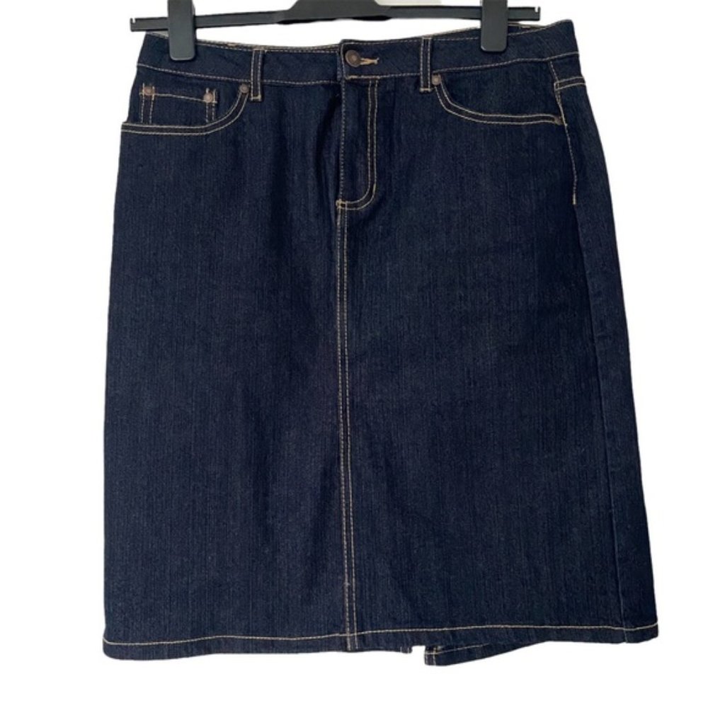 JACLYN SMITH DARK WASH STRETCH DENIM SKIRT WITH GOLD STITCHING, MIDI, SIZE 10